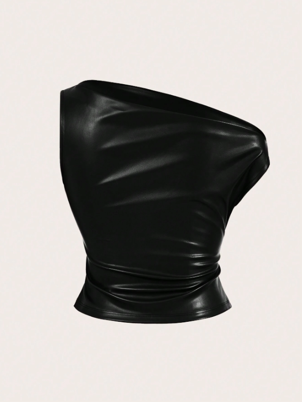 Leather Tank Top for Women | Ruched Sleeveless Going Out Top with Asymmetrical Neck