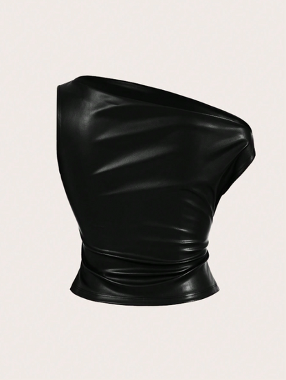 Leather Tank Top for Women | Ruched Sleeveless Going Out Top with Asymmetrical Neck