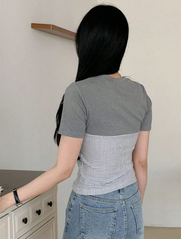 Color Block Crop T-Shirt for Women | Slim Fit Patchwork Knit Top with Short Sleeves – Summer Casual Tee