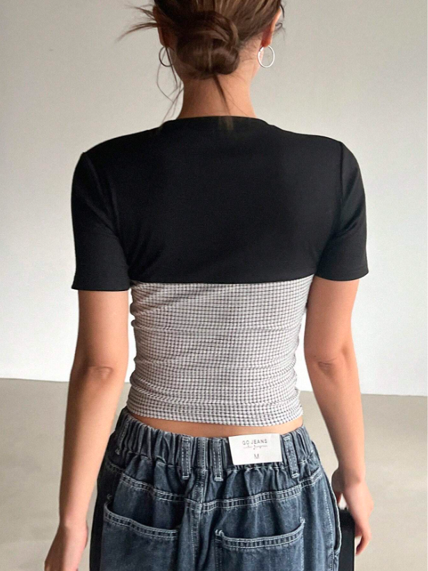 Color Block Crop T-Shirt for Women | Slim Fit Patchwork Knit Top with Short Sleeves – Summer Casual Tee