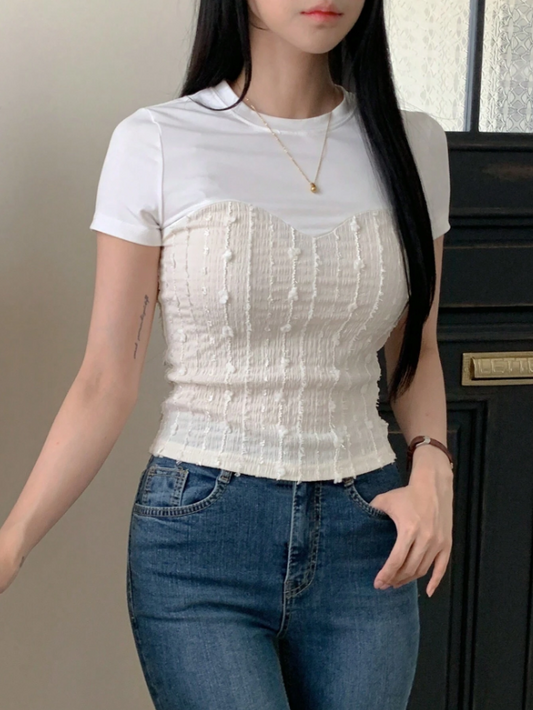 Color Block Crop T-Shirt for Women | Slim Fit Patchwork Knit Top with Short Sleeves – Summer Casual Tee