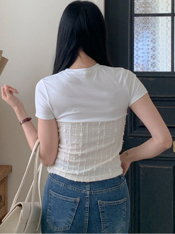 Color Block Crop T-Shirt for Women | Slim Fit Patchwork Knit Top with Short Sleeves – Summer Casual Tee