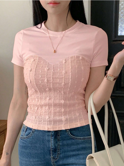 Color Block Crop T-Shirt for Women | Slim Fit Patchwork Knit Top with Short Sleeves – Summer Casual Tee