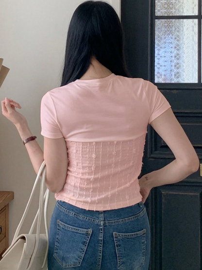 Color Block Crop T-Shirt for Women | Slim Fit Patchwork Knit Top with Short Sleeves – Summer Casual Tee