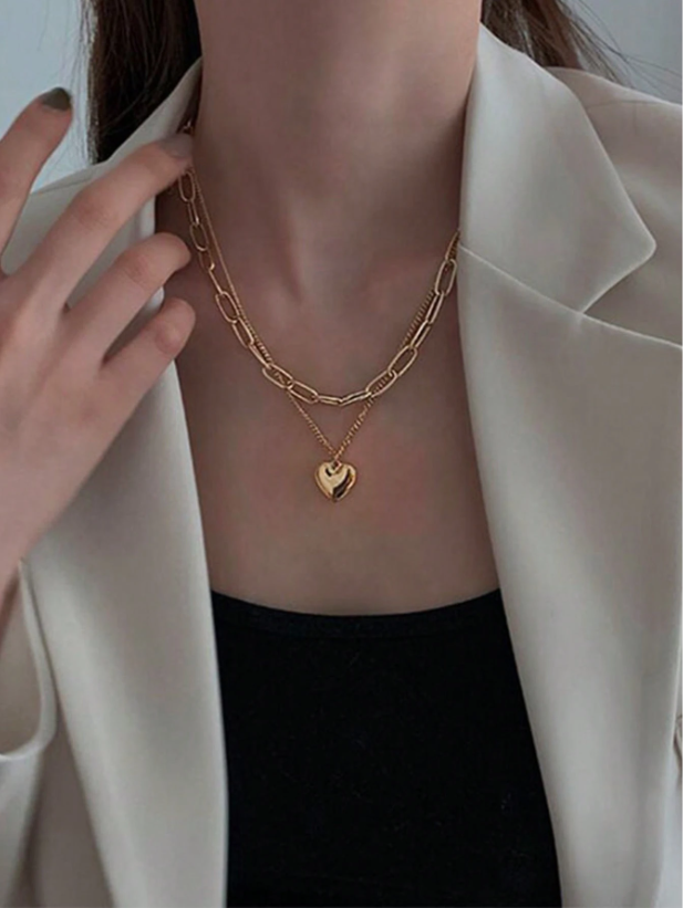 Double-Layer Heart Pendant Necklace for Women – Gold & Silver-Tone Romantic Chain Choker