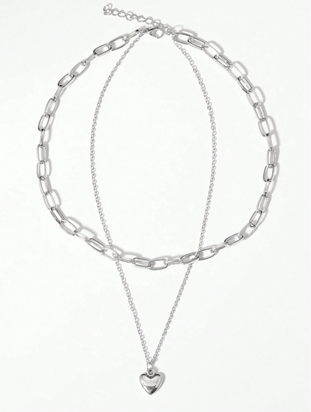 Double-Layer Heart Pendant Necklace for Women – Gold & Silver-Tone Romantic Chain Choker