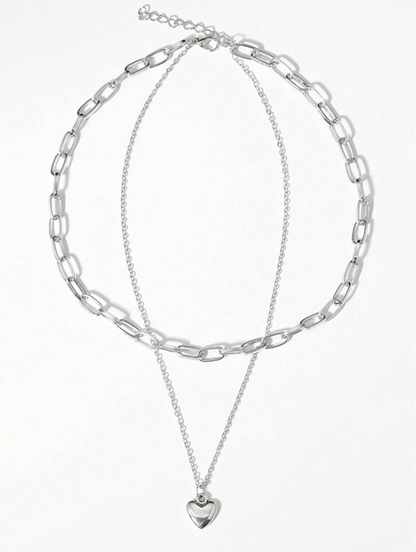 Double-Layer Heart Pendant Necklace for Women – Gold & Silver-Tone Romantic Chain Choker