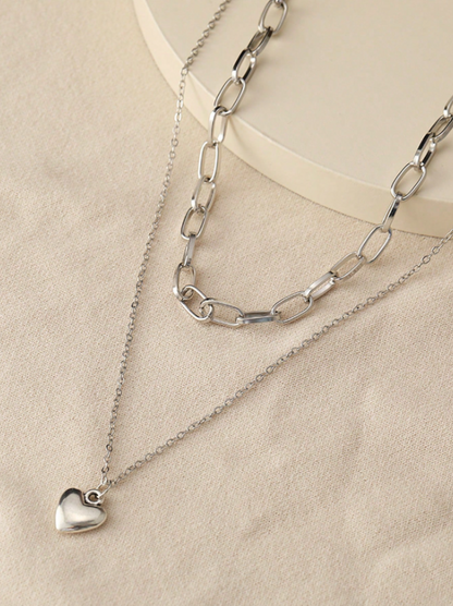 Double-Layer Heart Pendant Necklace for Women – Gold & Silver-Tone Romantic Chain Choker