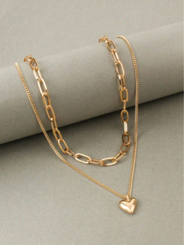 Double-Layer Heart Pendant Necklace for Women – Gold & Silver-Tone Romantic Chain Choker