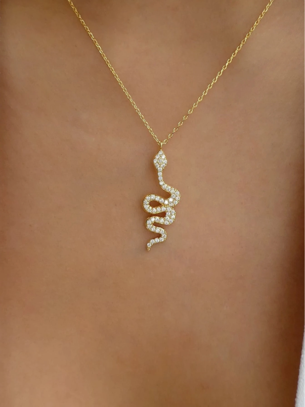 Rhinestone Snake Charm Necklace for Women – Gold Elegant Daily Jewelry for Edgy Chic Looks
