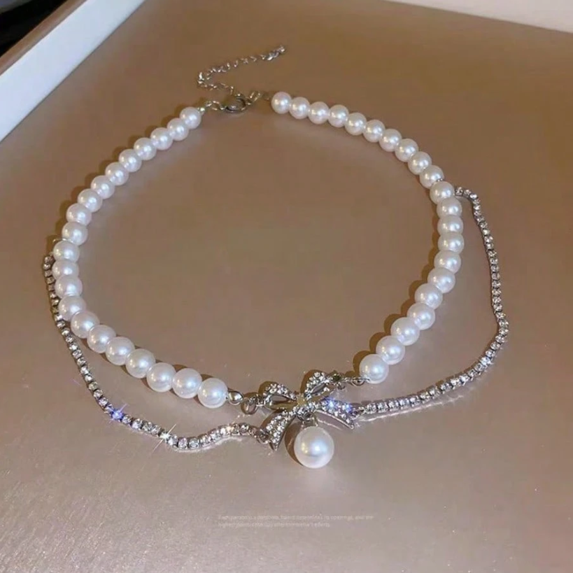 Elegant Faux Pearl Beaded Bowknot Necklace for Women – Silver Rhinestone Party Accessory