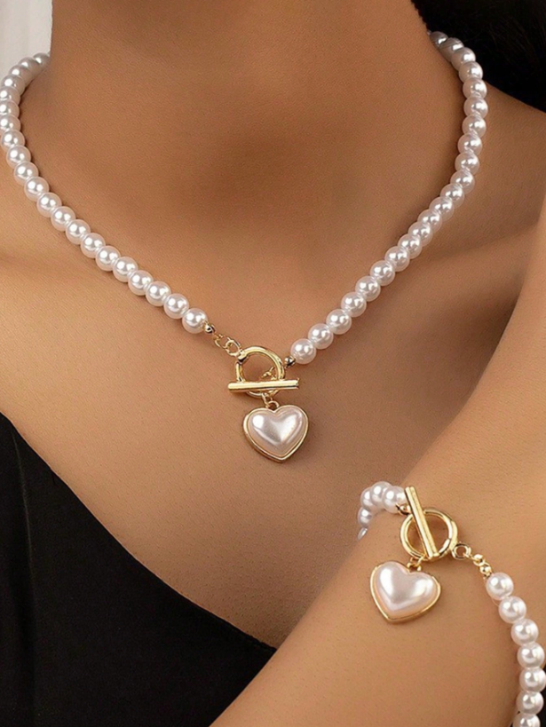 Elegant Pearl Heart Pendant Necklace & Bracelet Set – Trendy Jewelry for Daily & Party Looks