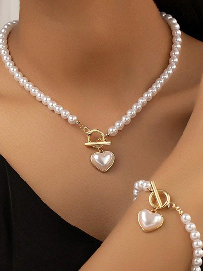 Elegant Pearl Heart Pendant Necklace & Bracelet Set – Trendy Jewelry for Daily & Party Looks