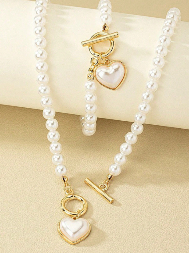 Elegant Pearl Heart Pendant Necklace & Bracelet Set – Trendy Jewelry for Daily & Party Looks