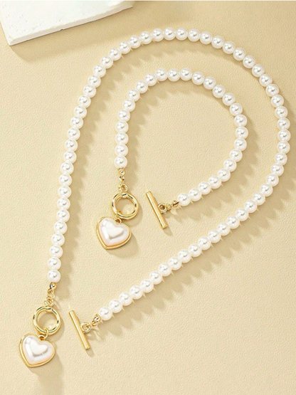 Elegant Pearl Heart Pendant Necklace & Bracelet Set – Trendy Jewelry for Daily & Party Looks