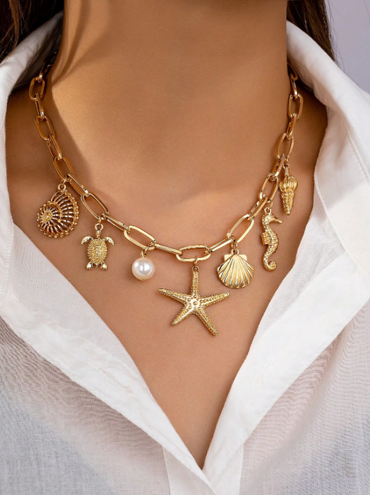 Ocean Life Pendant Necklace with Pearl & Shell Accents – Beach Vacation Jewelry for Women