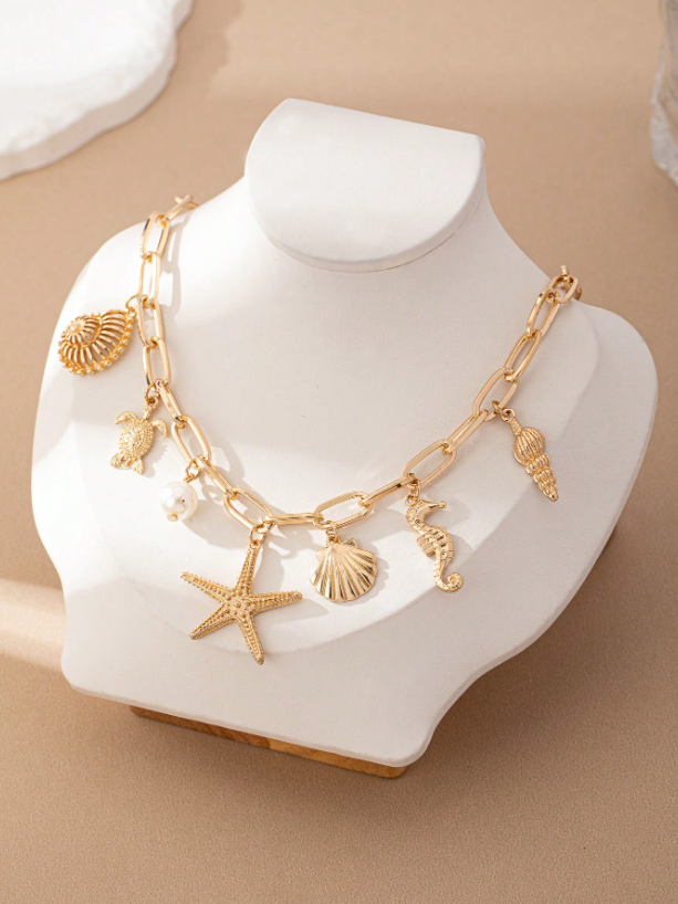 Ocean Life Pendant Necklace with Pearl & Shell Accents – Beach Vacation Jewelry for Women