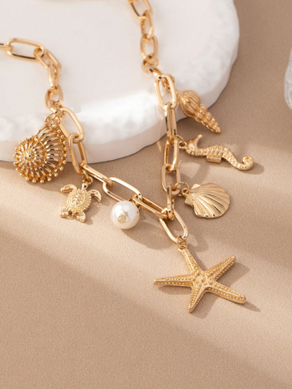 Ocean Life Pendant Necklace with Pearl & Shell Accents – Beach Vacation Jewelry for Women