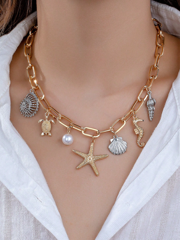Ocean Life Pendant Necklace with Pearl & Shell Accents – Beach Vacation Jewelry for Women