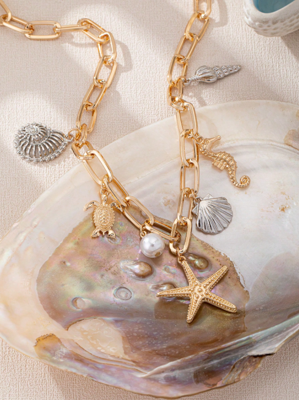 Ocean Life Pendant Necklace with Pearl & Shell Accents – Beach Vacation Jewelry for Women