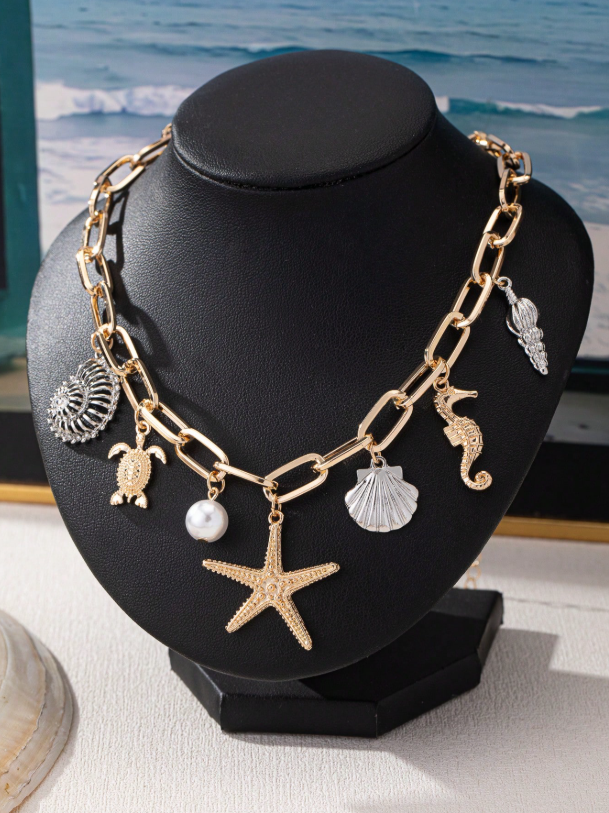 Ocean Life Pendant Necklace with Pearl & Shell Accents – Beach Vacation Jewelry for Women