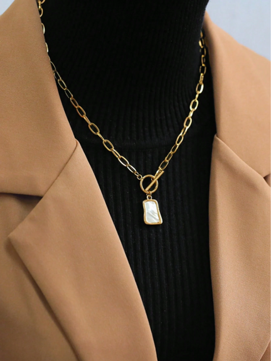 Gold Tone Vintage White Bead Chain Necklace for Women – Stainless Steel Short Sweater Necklace