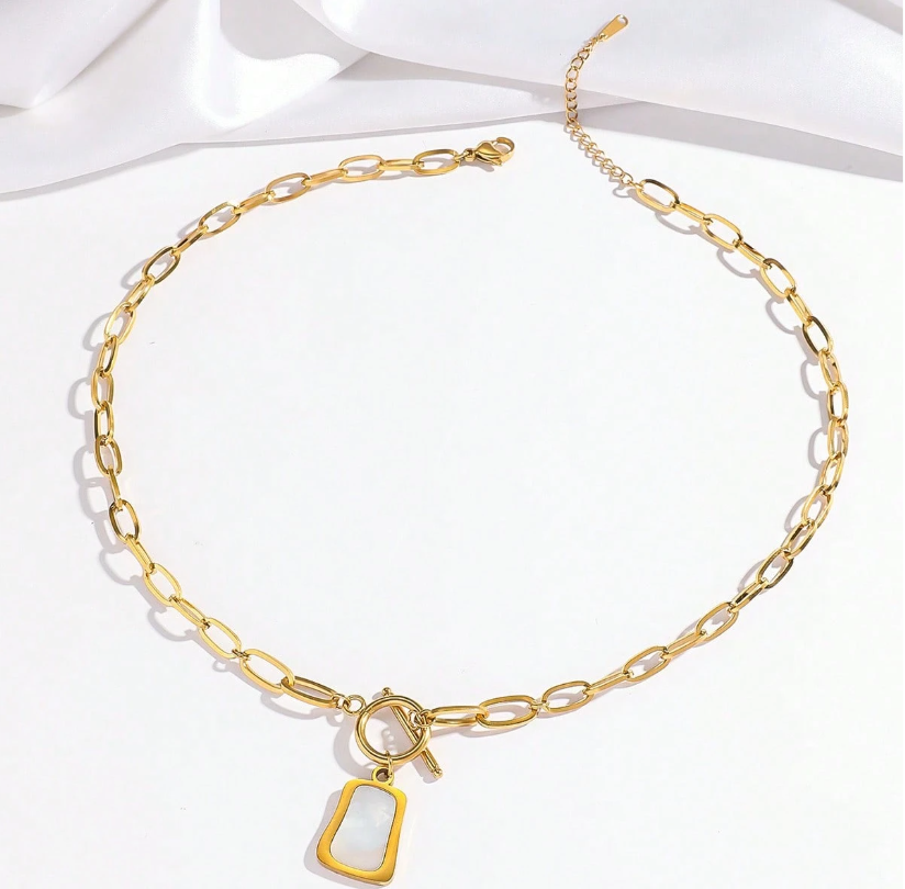 Gold Tone Vintage White Bead Chain Necklace for Women – Stainless Steel Short Sweater Necklace