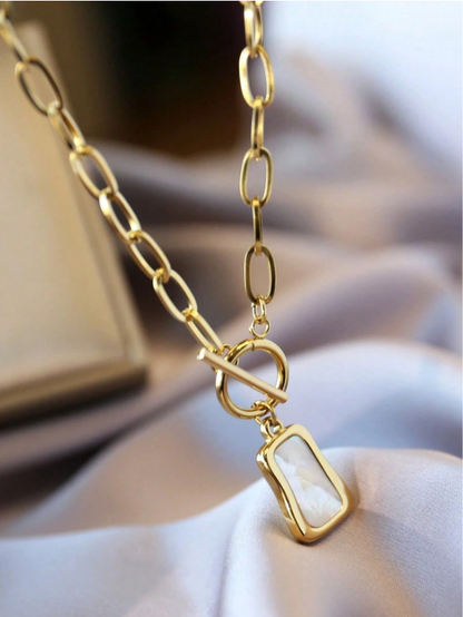 Gold Tone Vintage White Bead Chain Necklace for Women – Stainless Steel Short Sweater Necklace