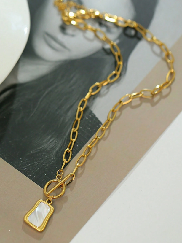 Gold Tone Vintage White Bead Chain Necklace for Women – Stainless Steel Short Sweater Necklace