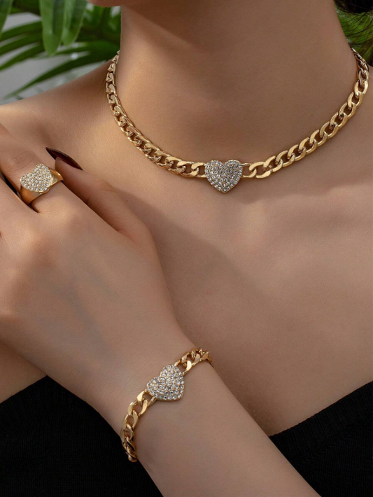 3-Piece Rhinestone Heart Pendant Jewelry Set – Necklace, Bracelet & Ring for Women’s Daily & Party Wear