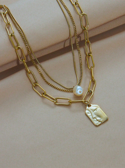 Three-Layer Vintage Face Pendant Necklace – Multi-Layered Stainless Steel Chain for Statement Party Looks
