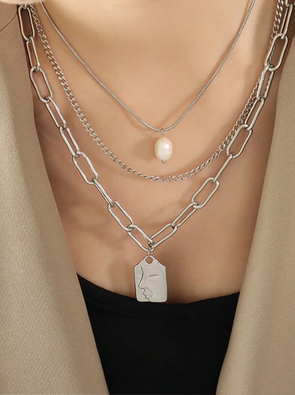 Three-Layer Vintage Face Pendant Necklace – Multi-Layered Stainless Steel Chain for Statement Party Looks
