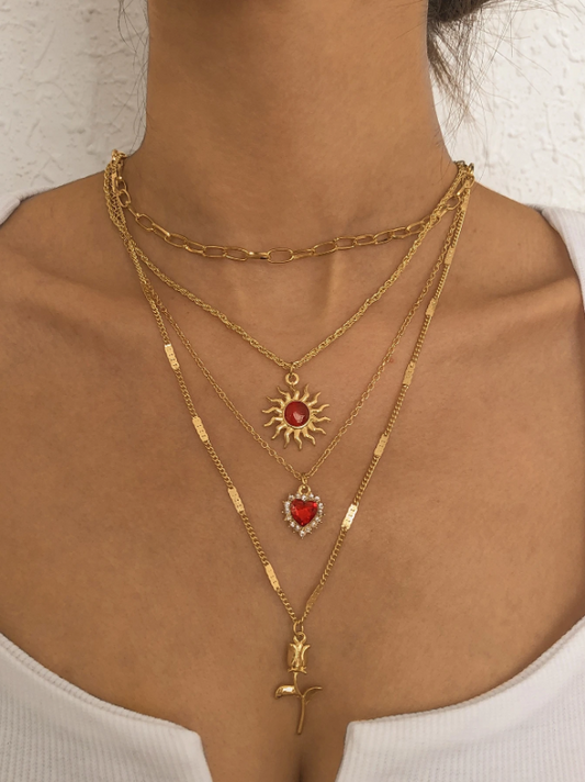 Layered Heart & Rose Flower Pendant Necklace – Gold-Tone Multi-Layer Chain