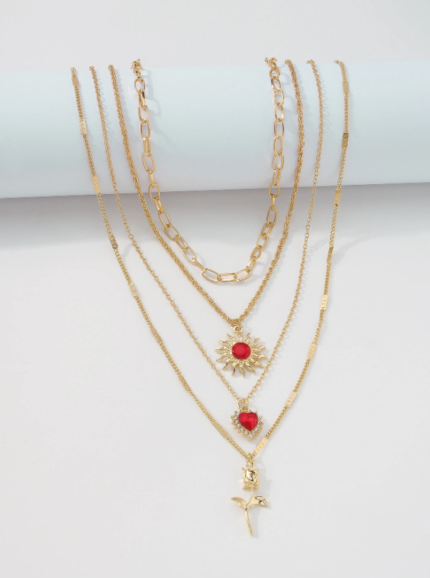Layered Heart & Rose Flower Pendant Necklace – Gold-Tone Multi-Layer Chain