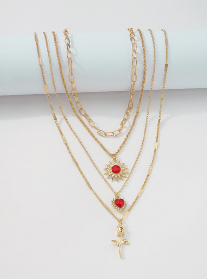 Layered Heart & Rose Flower Pendant Necklace – Gold-Tone Multi-Layer Chain