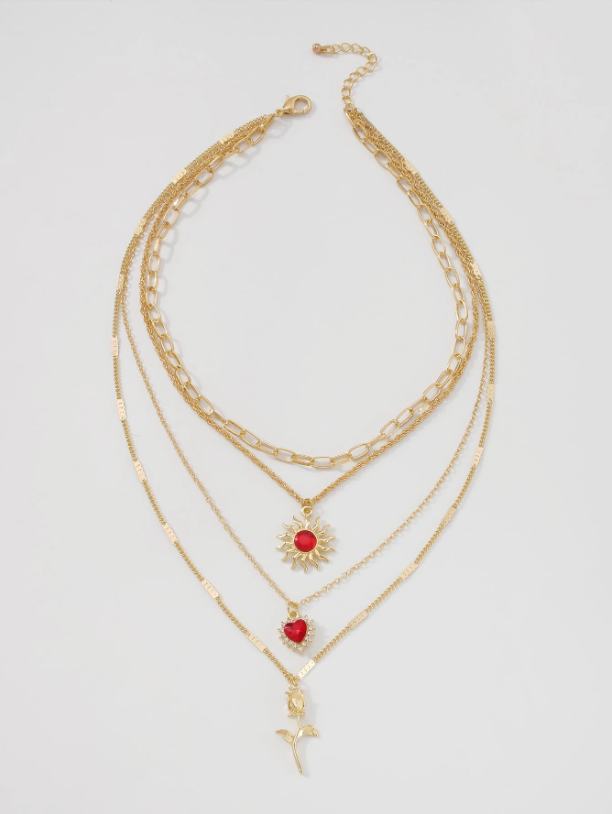 Layered Heart & Rose Flower Pendant Necklace – Gold-Tone Multi-Layer Chain