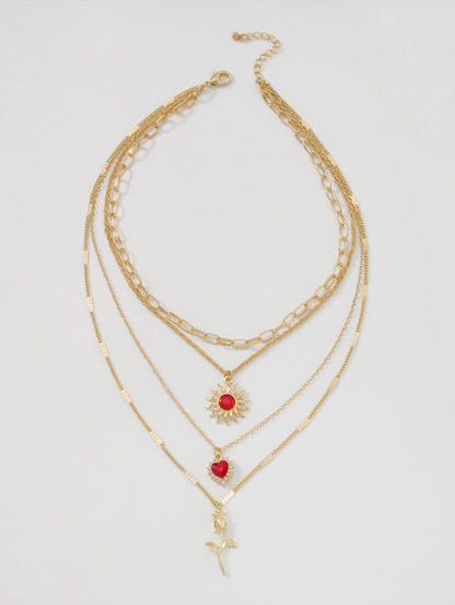 Layered Heart & Rose Flower Pendant Necklace – Gold-Tone Multi-Layer Chain