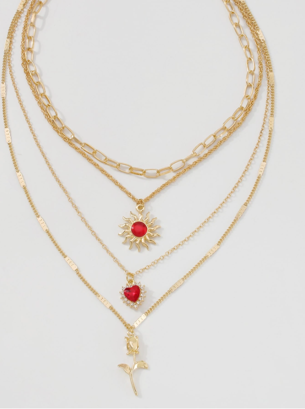 Layered Heart & Rose Flower Pendant Necklace – Gold-Tone Multi-Layer Chain