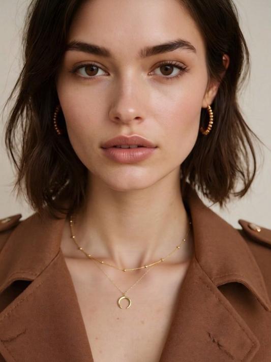 Double-Layer Punk Crescent Pendant Necklace – Gold Beaded Chain for Edgy & Trendy Everyday Looks