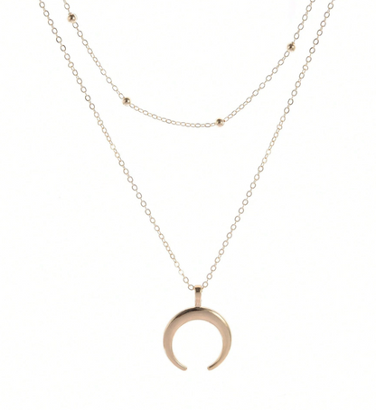 Double-Layer Punk Crescent Pendant Necklace – Gold Beaded Chain for Edgy & Trendy Everyday Looks