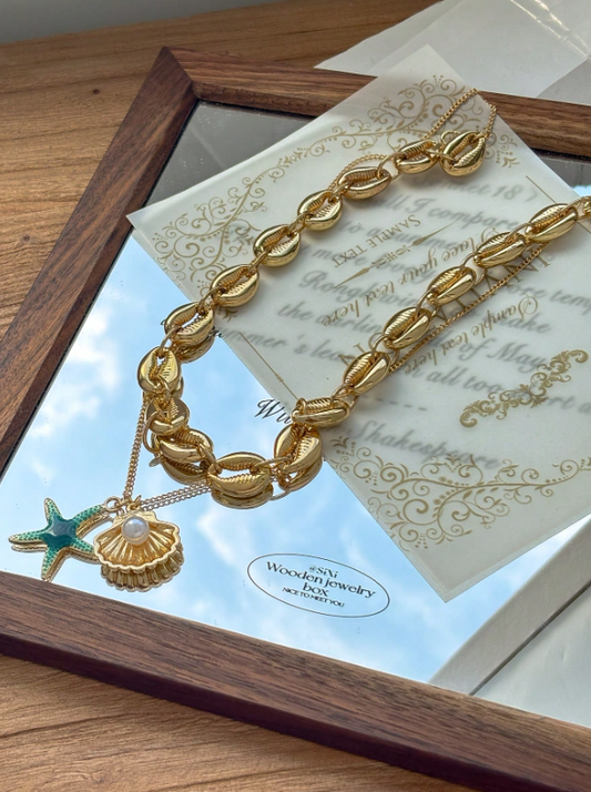 Boho Stars & Seashell Layered Necklace Set – Gold Multi-Chain Beach Style for Vacay & Party Looks