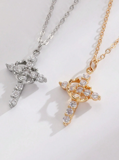 KC Gold-Plated Crown Cross Pendant Necklace – Elegant Rhinestone Christian Chain