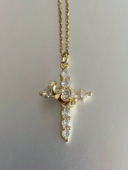 KC Gold-Plated Crown Cross Pendant Necklace – Elegant Rhinestone Christian Chain