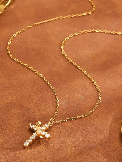 KC Gold-Plated Crown Cross Pendant Necklace – Elegant Rhinestone Christian Chain