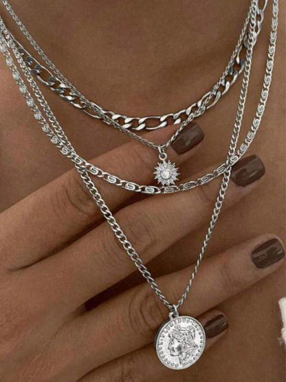 Edgy Punk-Inspired Multi-Layer Necklace for Women – Textured Metal & Rhinestone Chain