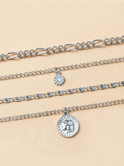 Edgy Punk-Inspired Multi-Layer Necklace for Women – Textured Metal & Rhinestone Chain