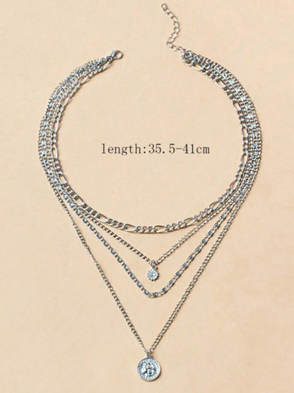 Edgy Punk-Inspired Multi-Layer Necklace for Women – Textured Metal & Rhinestone Chain
