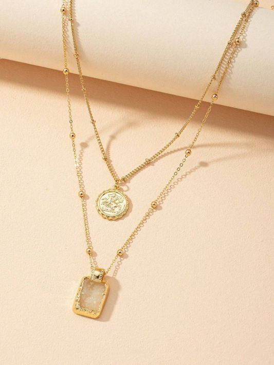 Trendy Double Layer Coin Pendant Necklace for Women – Gold Letter Charm Chain, Daily Wear Accessory