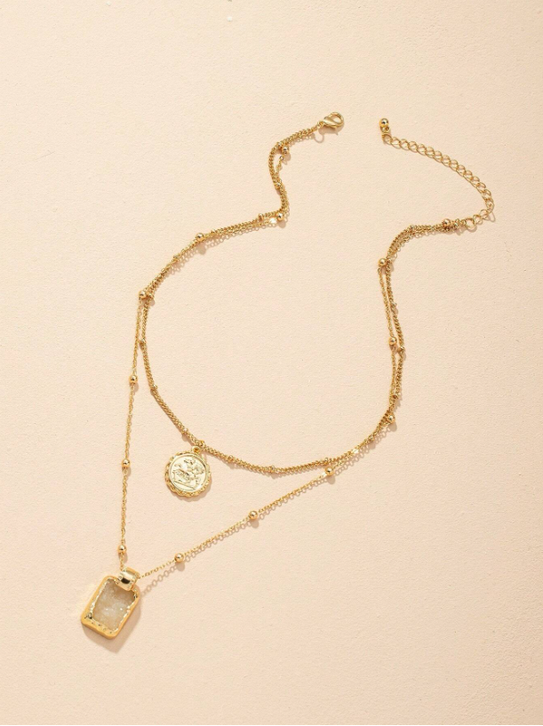 Trendy Double Layer Coin Pendant Necklace for Women – Gold Letter Charm Chain, Daily Wear Accessory