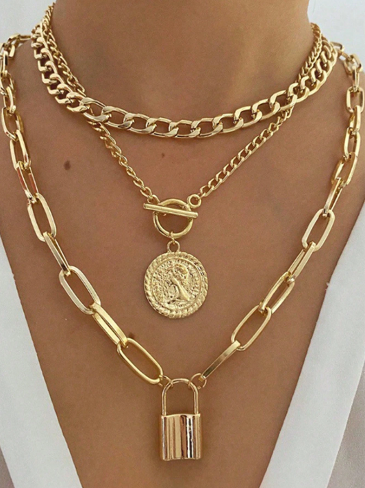 Punk-Style Vintage Multi-Layer Lock & Portrait Necklace – OT Clasp Gold Chain for Women